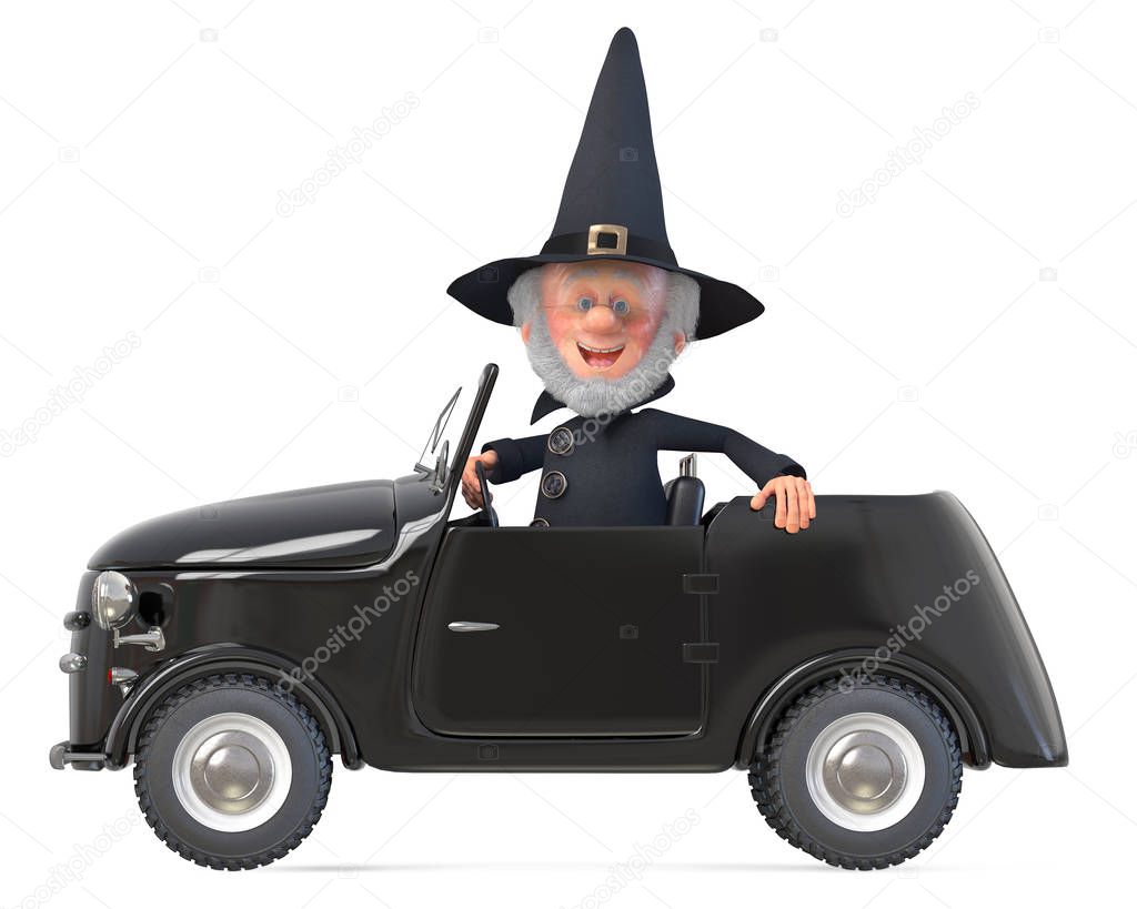 3d illustration funny fairy-tale wizard with a hat on his car