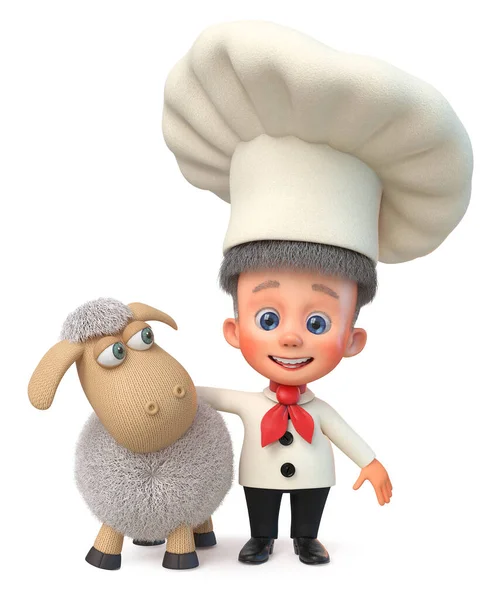 3d illustration little boy cook stands with a lamb — Stock Photo, Image
