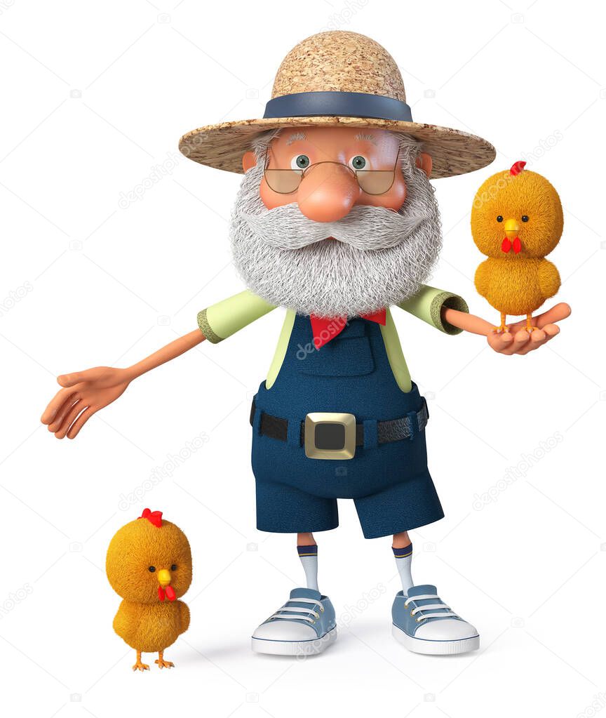 3D illustration elderly farmer costs with a small chicken