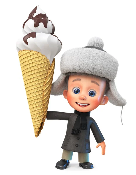 Illustration 3D petit garçon se tient avec une grande crème glacée Images De Stock Libres De Droits