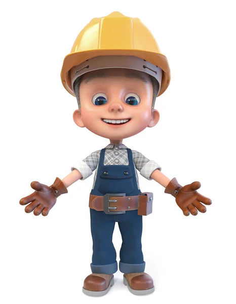 Ilustração 3d engraçado menino no construção capacete e macacão — Fotografia de Stock