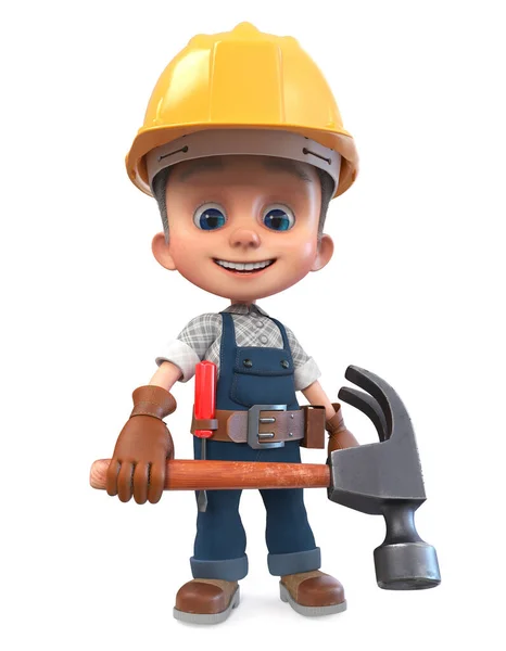 3D illustration funny boy in construction helmet and overalls — Stock Photo, Image