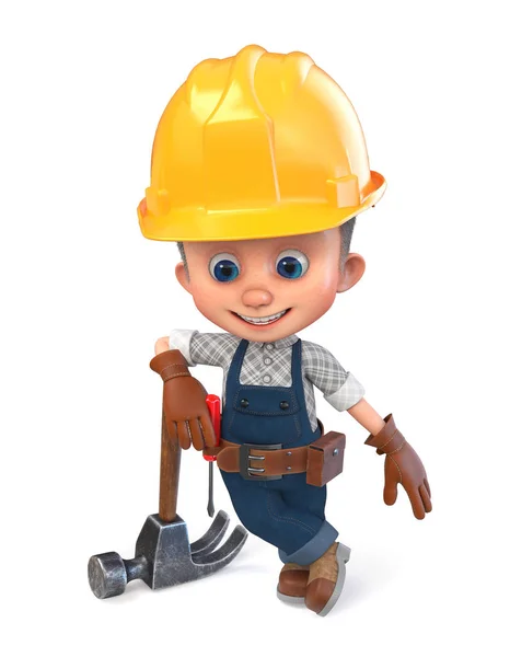 3D illustration funny boy in construction helmet and overalls — 스톡 사진