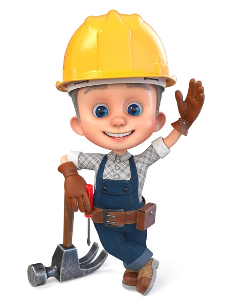 3D Illustration Lustiger Junge in Bauhelm und Overalls — Stockfoto