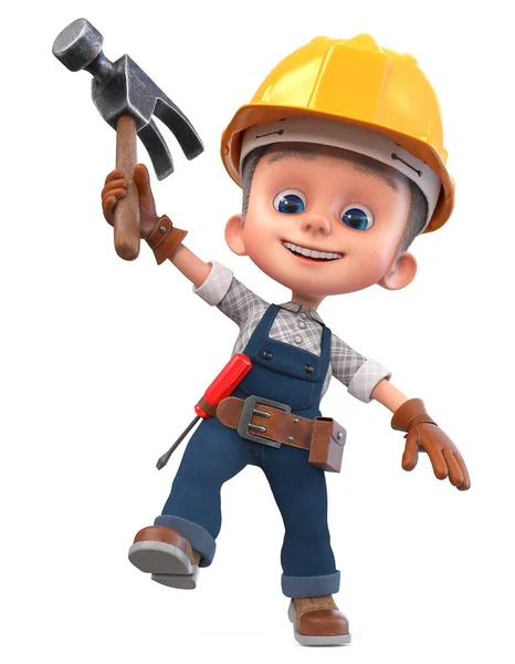 3D illustration funny boy in construction helmet and overalls — Stock Photo, Image