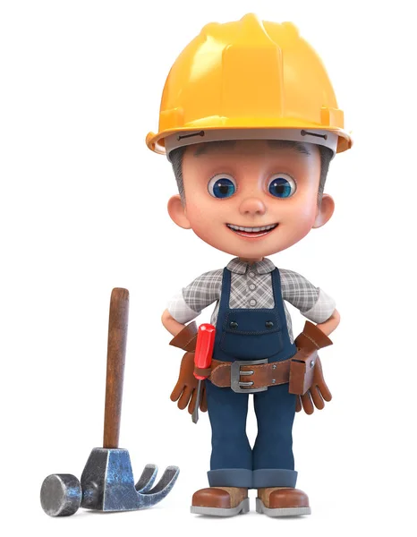 3D illustration funny boy in construction helmet and overalls — 스톡 사진