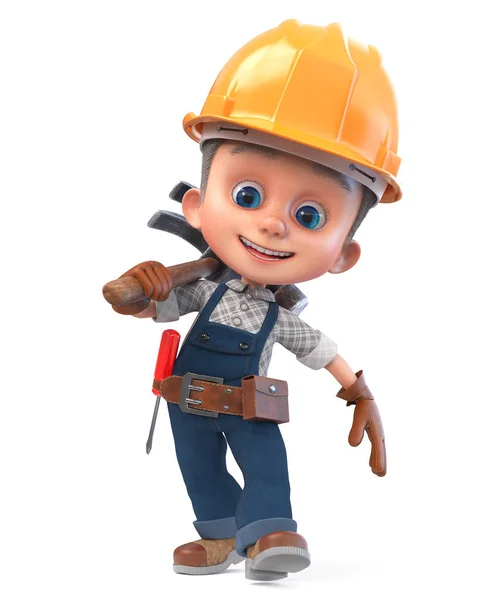 Ilustración 3D chico divertido en casco de construcción y overoles —  Fotos de Stock