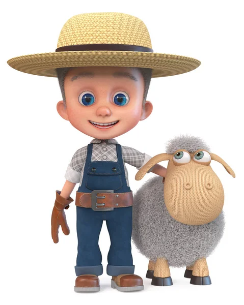 3D illustration funny farmer boy in overalls with a sheep — 스톡 사진