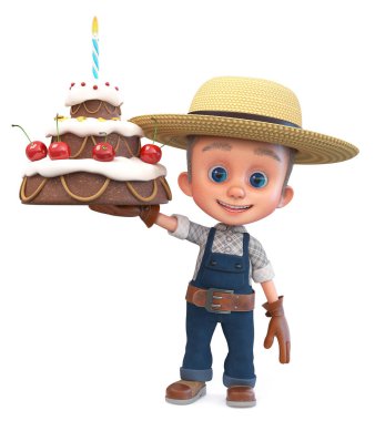 Tulumlu küçük bir çiftçinin üç boyutlu resmi. Büyük bir hediye pastası, üç boyutlu bir illüstrasyon. Şapkalı ve tulumlu komik bir çocuk.