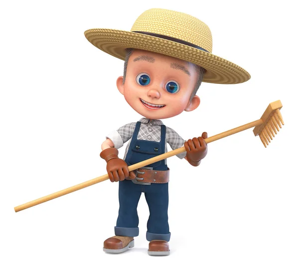 Illustration Small Farmer Overalls Large Rake Smiling Illustration Funny Farmer — Stock Photo, Image