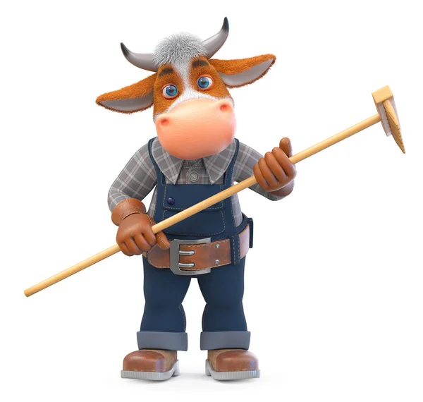 Illustration Buffalo Overalls Farm Rake Illustration Funny Bull Farmer Engaged — Stock Photo, Image