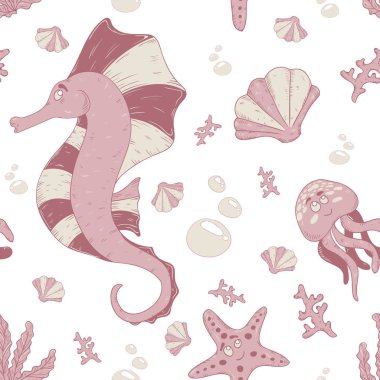 Kabuk, denizanası ve deniz yıldızı ile sualtı deniz atı pembe vektör çocuklar için