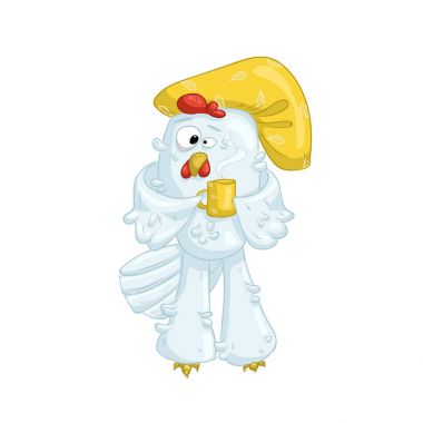 Disheveled white chicken with cup of tee or coffe early morning clipart