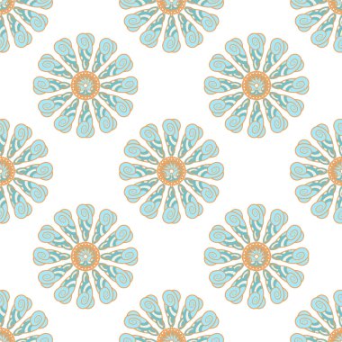 Mavi ve turuncu sarmal ve çiçeklerle soyut desen