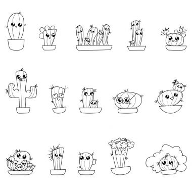 Set of cute cartoon hand-draw cactus in different pots clipart