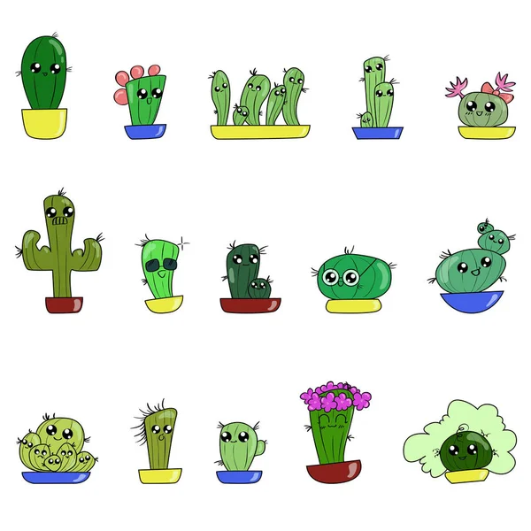 Ensemble de cactus dessin animé mignon dessiner à la main dans différents pots, coloré — Image vectorielle