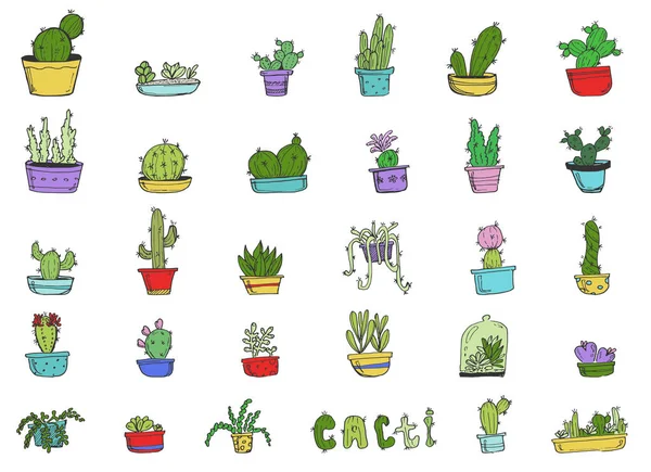 Ensemble de cactus dessin animé mignon dessiner à la main dans différents pots — Image vectorielle