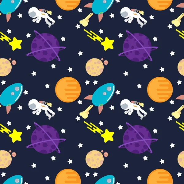 Nahtloses kosmisches Muster mit Raketen, Astronauten, Planeten und Sternen. flache Bauweise. — Stockvektor