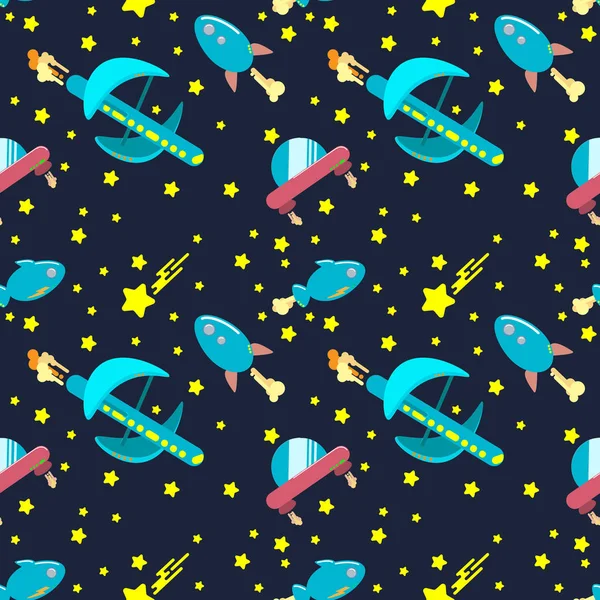 Seamless flat pattern with rocket, ufo and stars.