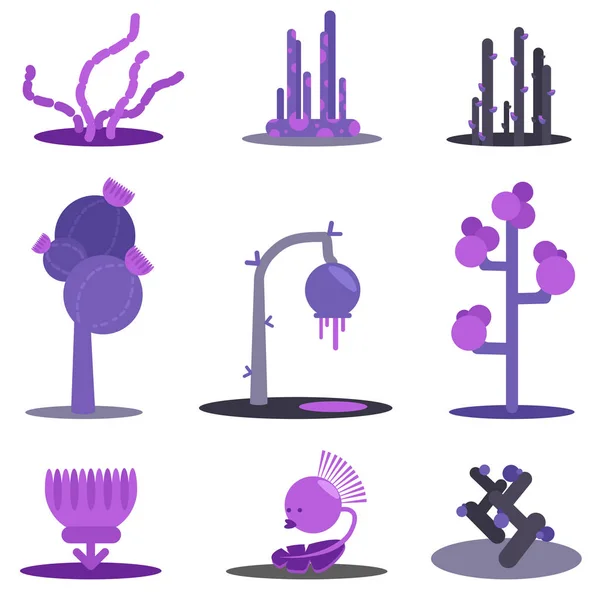 Fantasy flat set plants. Violet flowers and trees, alien. Simple forms — Stock Vector