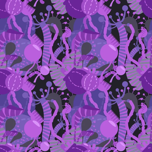 Nahtloses Fantasiemuster. violette und violette Pflanzen auf dunklem Hintergrund — Stockvektor