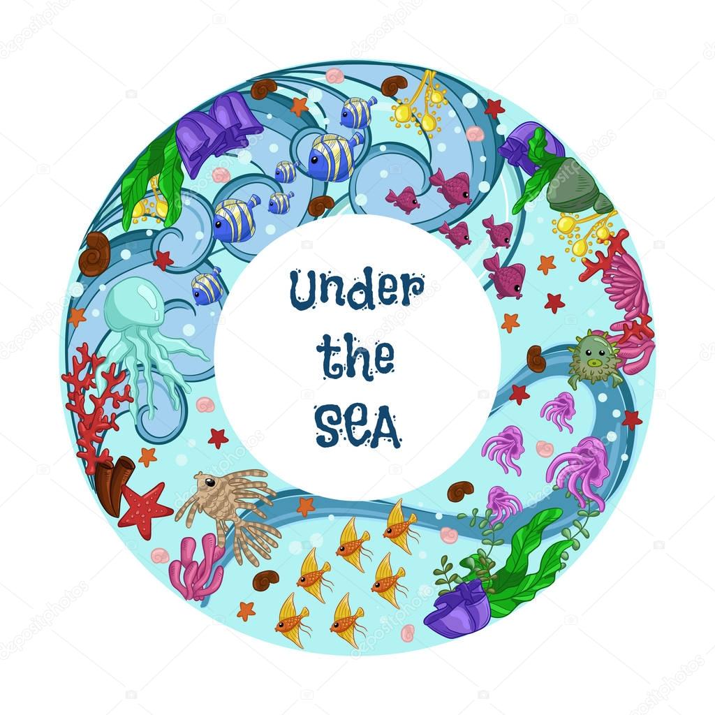 Torus with marine life: fish, jellyfish, starfish, corals and seaweed. Text: under the sea. Hand draw art