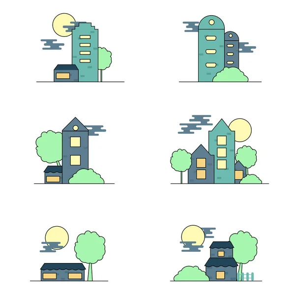 Płaska konstrukcja zestaw ilustracji domów z drzewa i chmury — Wektor stockowy