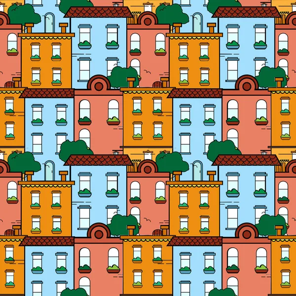 Vector seamless pattern in flat style - abstract buildings concept. Urban landscape for textile and backgrounds — Stock Vector