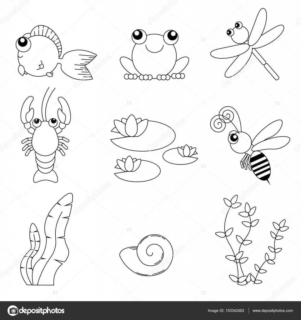 Design piatto simpatici animali insieme Vita di fiume pesce rana libellula gamberi ape Ninfea conchiglie e alghe Linea arte — Vettoriali di Haosame