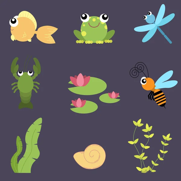 Set de animales lindos de diseño plano. Vida en el río: peces, ranas, libélulas, cangrejos de río, abejas, nenúfares, conchas y algas marinas . — Archivo Imágenes Vectoriales