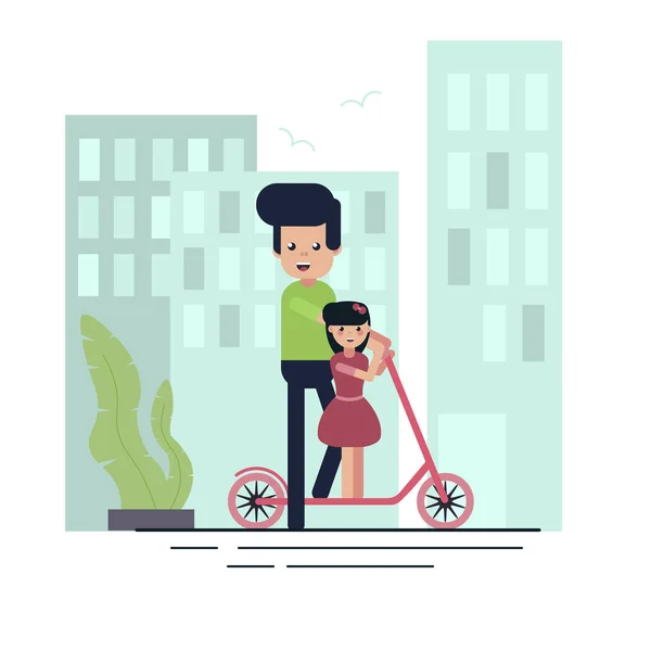 Papa enseigne fille à monter un scooter dans le contexte de la ville — Image vectorielle