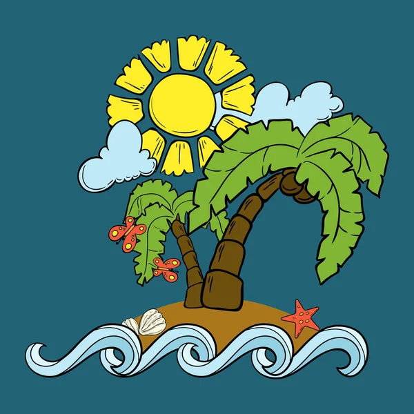 Scène de plage avec palmiers, soleil et mer. Illustration vectorielle de dessin à la main. Nouilles . — Image vectorielle