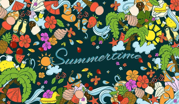 Illustration Doodle avec équipement d'été. De nombreux éléments sur une seule planche . — Image vectorielle
