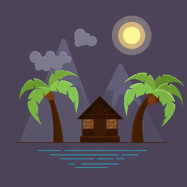 Illustration vectorielle avec deux palmiers et bungalow sur la plage. Montagnes sur fond. Paysage nocturne mer . — Image vectorielle