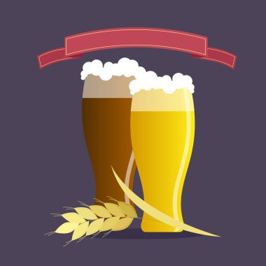 Malt ve metin için kırmızı kurdele dalı ile iki bira cam. Vektör çizim.