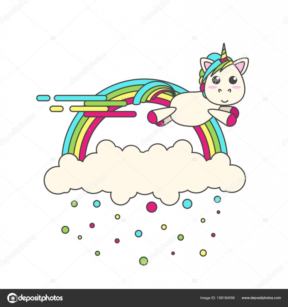 Flying cloud con coriandoli e unicorno con un arcobaleno su una priorit  bassa bianca Disegno