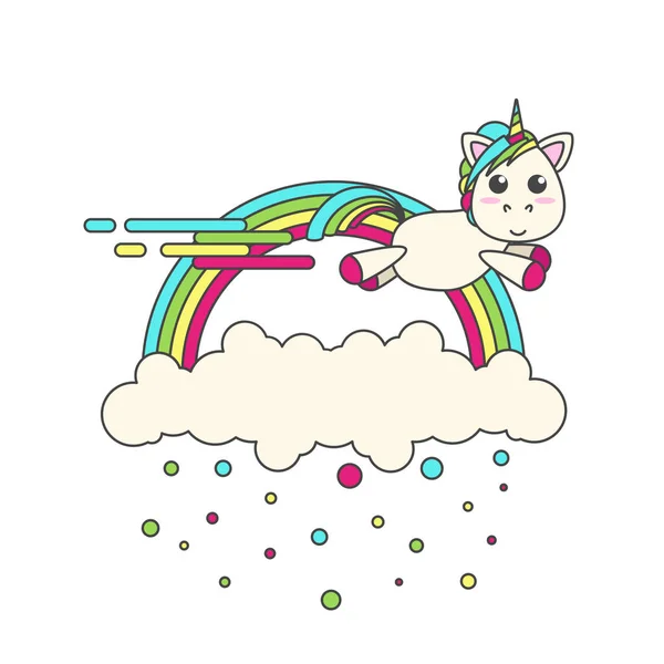 Unicornio volador con arco iris y nube con confeti sobre fondo blanco. Diseño plano vectorial para niños. Póster impreso — Vector de stock