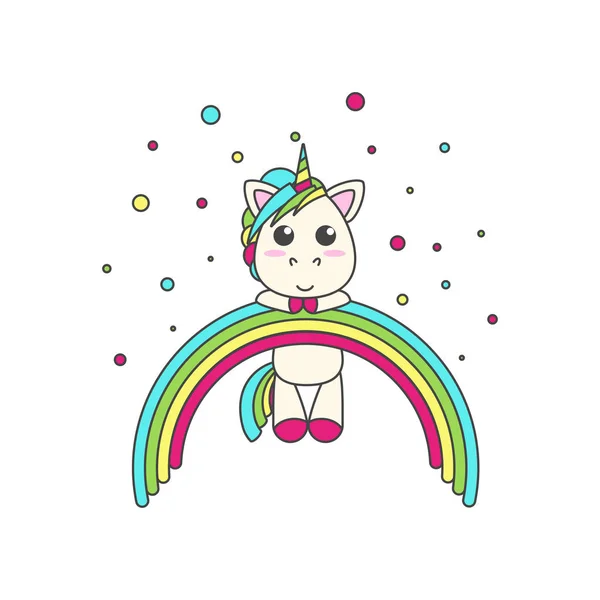 El unicornio colgaba del arco iris, alrededor del confeti. Ilustración vectorial plana para imprimir — Vector de stock