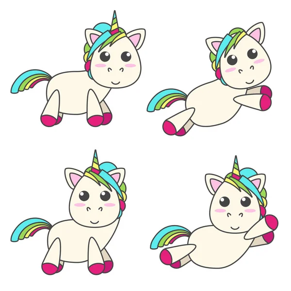 Conjunto vectorial de unicornios en cuatro poses diferentes. Lindo diseño plano . — Vector de stock