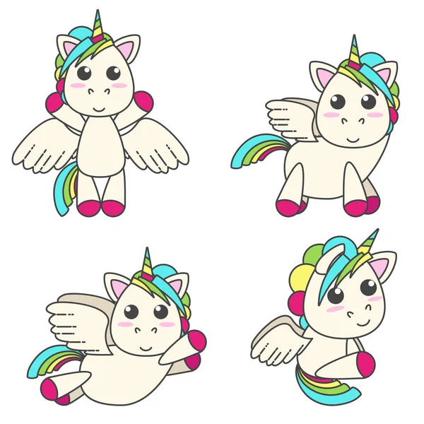 Conjunto vectorial de unicornios con alas en cuatro poses diferentes. Lindo diseño plano . — Vector de stock