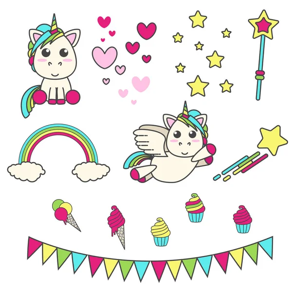 Set vektor unicorn, hati, bintang, tongkat sihir, lezat dan bendera untuk ruang dekorasi untuk pesta ulang tahun. Rancangan datar - Stok Vektor