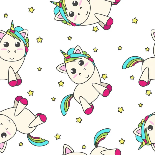 Unicornio arco iris con estrellas sobre fondo blanco. Diseño plano vectorial para niños. Patrón sin costura . — Archivo Imágenes Vectoriales