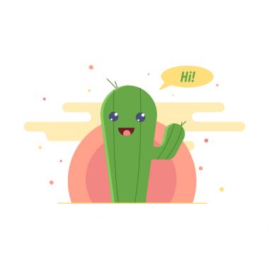Cute cactus in desert, saying hi and waving his hand. Sun on background. Flat cartoon illustration clipart