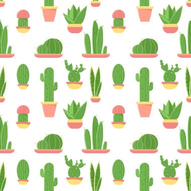 Dikişsiz desen kaktüsler ve succulents tencere. Beyaz arka plan üzerinde izole düz tasarım kaktüs. Vektör çizim.