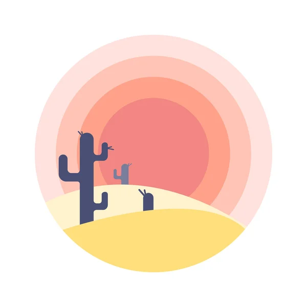 Dessin animé plat désert coucher de soleil paysage avec silhouette de cactus en cercle. Illustration vectorielle de fond . — Image vectorielle