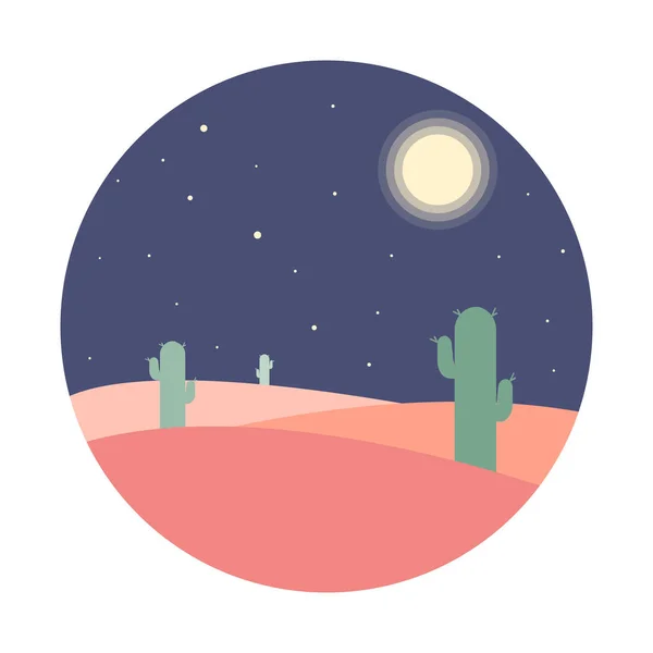 Desenhos animados planos noite deserto paisagem com silhueta de cacto em círculo. Ilustração vetorial de fundo . — Vetor de Stock