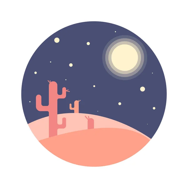 Dessin animé plat nuit désert paysage avec silhouette de cactus en cercle. Illustration vectorielle de fond . — Image vectorielle
