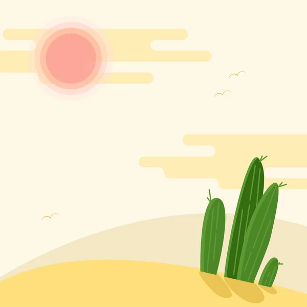 Dia paisagem desértica com cactos sob o sol ilustração vetorial plana. Deserto do Saara quente sob o céu desvanecido . — Vetor de Stock