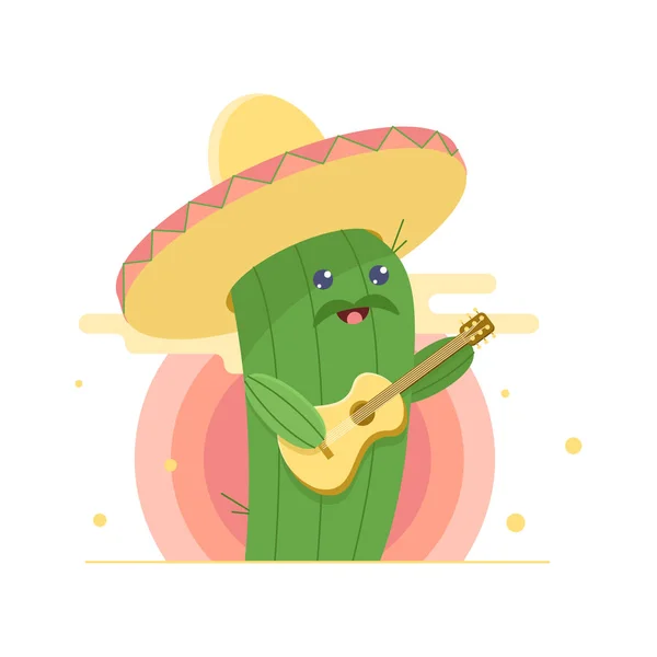 Lindo cactus en sombrero, cantando serenata y tocando la guitarra. Sol en el fondo. Ilustración plana de dibujos animados — Vector de stock