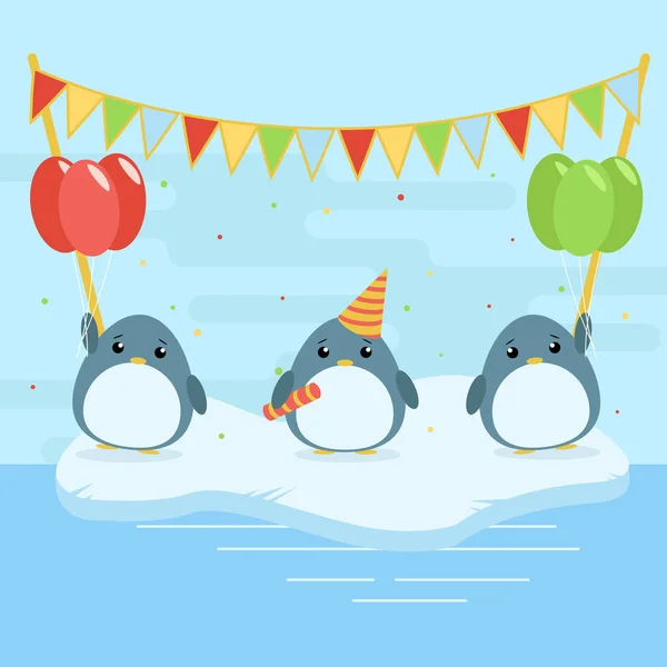 Мультфильм иллюстрация трех милых пингвинов с воздушными шарами и фальгами на льдине. Плоский дизайн для детей — стоковый вектор